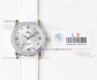 Perfect Replica Omega Deville Silver Butterfly Dial Diamond Bezel Leather Strap Watch For Women